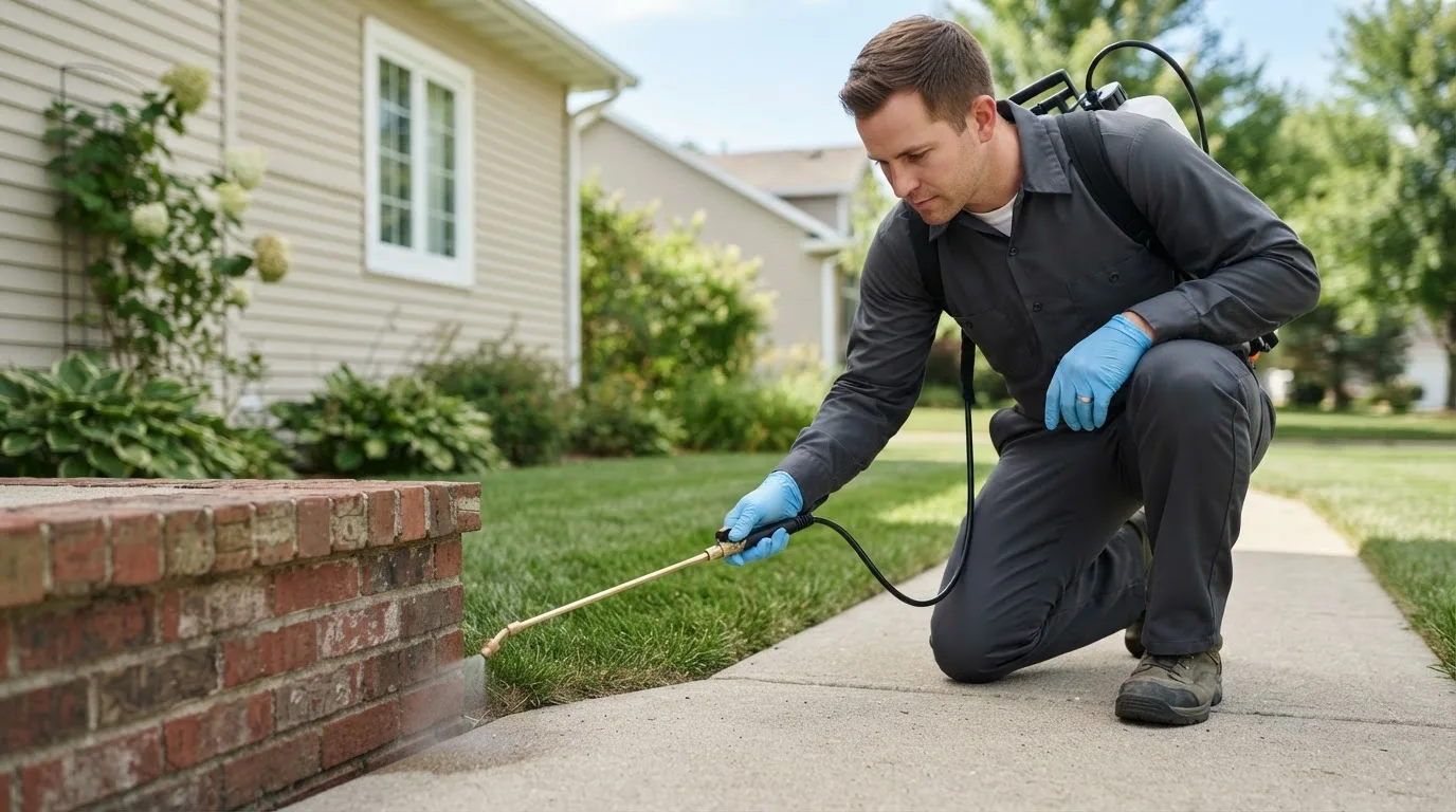 Pest control technician treating a home near Lena, LA